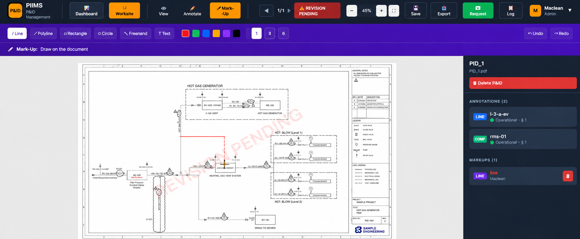 PIIMS interactive display showing mark-up mode on a live P&ID diagram